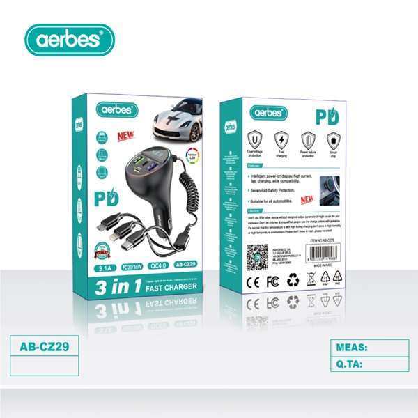 Aerbes AB-CZ29 3 in 1 QC4.0 PD Car Charger 3.1A with Spring Cable PD20/36W
