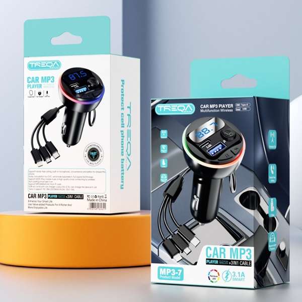 Treqa MP3-7 18W Car MP3 Player With Built-in 3 in 1 Charging Cable
