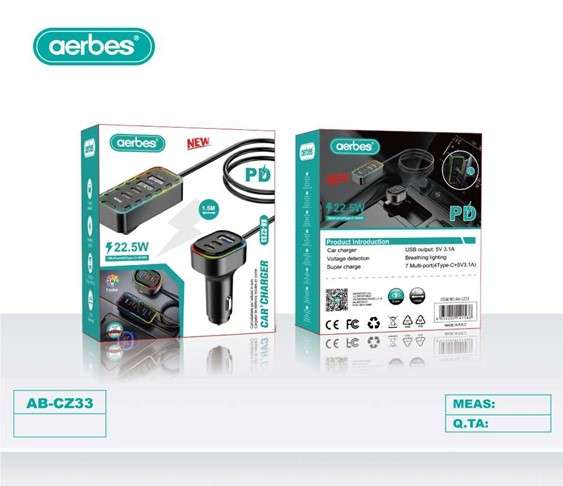 Aerbes AB-CZ33 Car Charger With 4 PD Ports + 3 USB Charging Ports 22.5W