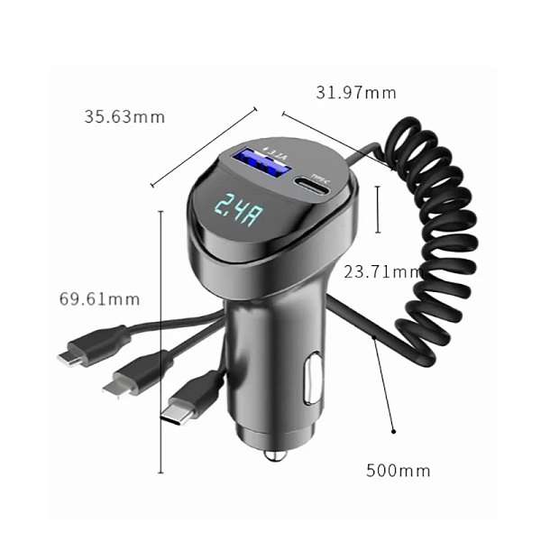 Aerbes AB-CZ28 3 in 1 Fast Charging Car Charger With Spring Cable