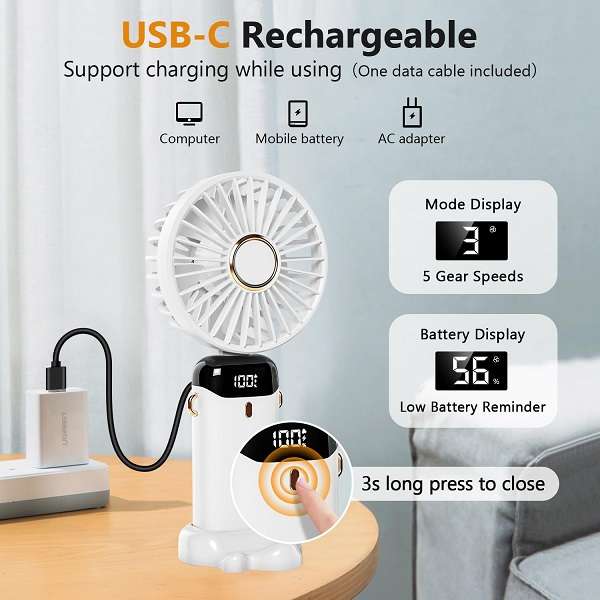 Baihua MY-7459 Rechargeable 5 Speed Fan With Stand And Lanyard To Carry Around The Neck