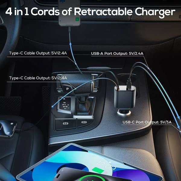 Aerbes AB-CZ35 4 in 1 Car Charger With Retractable Cables 120W