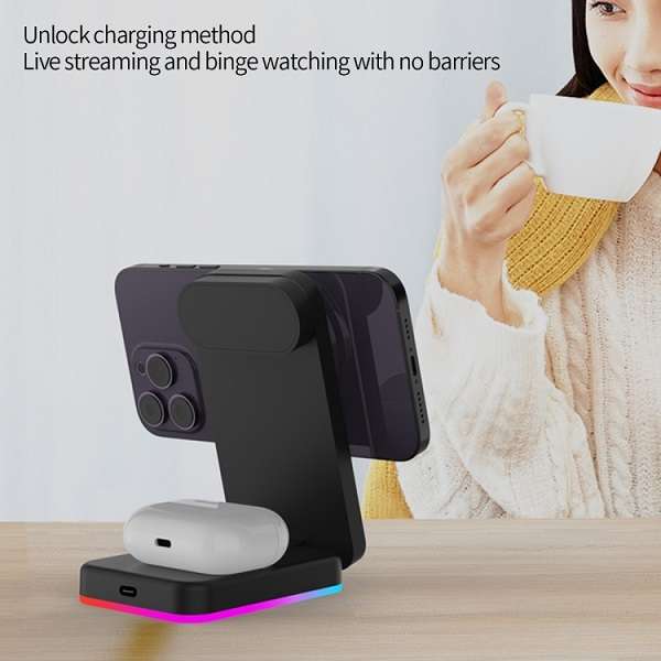 Aerbes AB-SJ160 3 in 1 Wireless Magnetic Charger With RGB Lighting Base