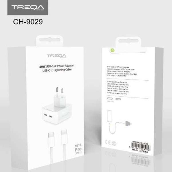 Treqa CH-9029 50W Dual PD Charger for Iphone 15/16 Pro Max With Type C cable