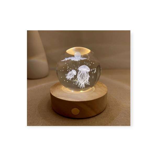 AS-33090 3D Jellyfish Crystal Ball Night Lamp 8cm USB-Powered Ambient Light with Wooden Base
