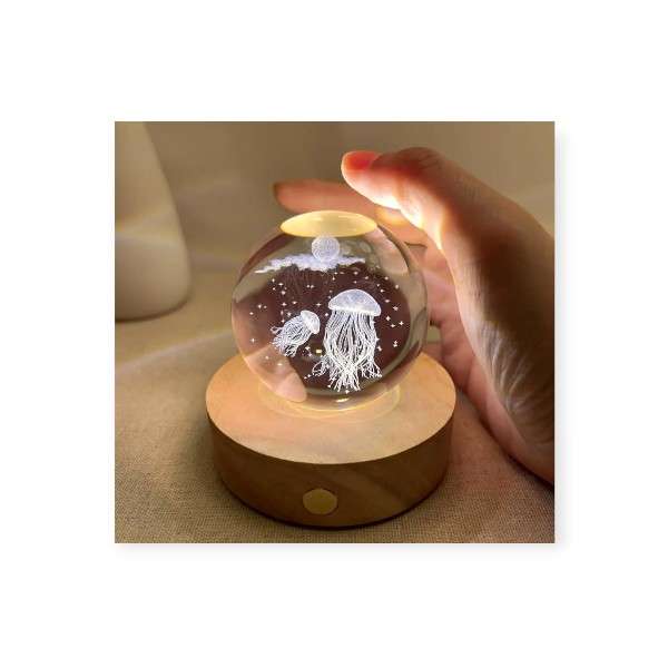 AS-33090 3D Jellyfish Crystal Ball Night Lamp 8cm USB-Powered Ambient Light with Wooden Base