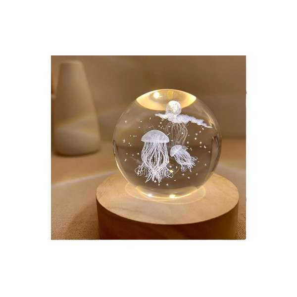 AS-33090 3D Jellyfish Crystal Ball Night Lamp 8cm USB-Powered Ambient Light with Wooden Base