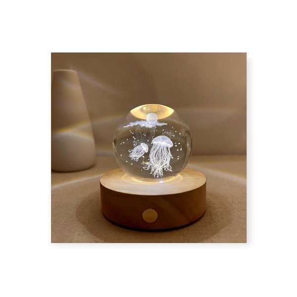AS-33090 3D Jellyfish Crystal Ball Night Lamp 8cm USB-Powered Ambient Light with Wooden Base
