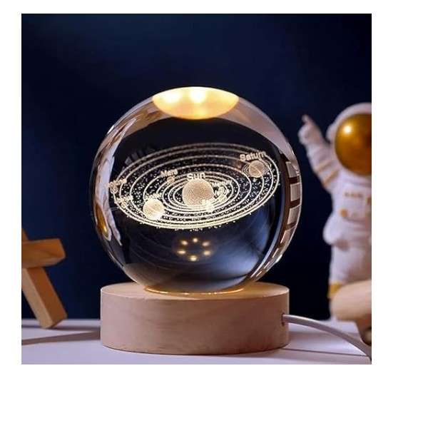 PM-163 3D Solar System Crystal Ball Night Light USB Powered with Wooden Base
