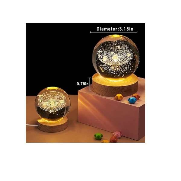 PM-163 3D Solar System Crystal Ball Night Light USB Powered with Wooden Base