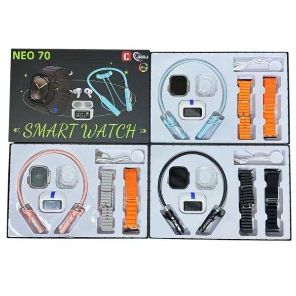 Neo 70 8 in 1 Smart Watch Set with Neck Bluetooth Earphones,In Ear Bluetooth Earphones And Silico...