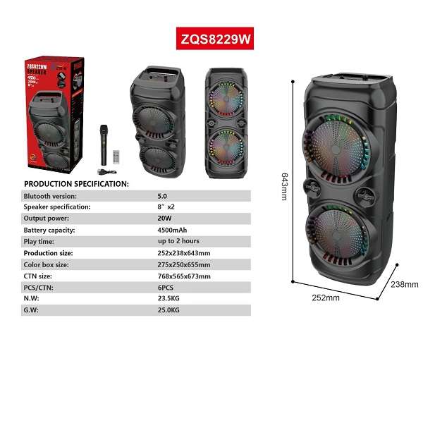 8 Dual Bluetooth RGB Karaoke Speaker With Mic, Remote And Bass Boost 20W