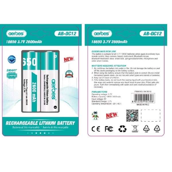 Aerbes AB-DC12 Rechargeable 18650 Lithium Batteries With 3.7V 2600mAh