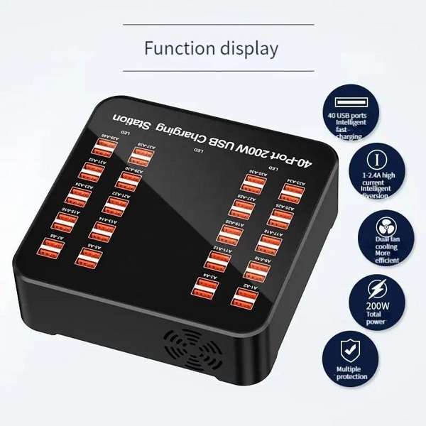 XF00084 220V 40 Port USB Charger 200W With Static Single Fan Automatic Heat Dissipation 2.4A/1A