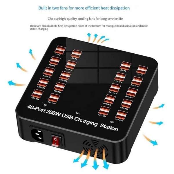 XF00084 220V 40 Port USB Charger 200W With Static Single Fan Automatic Heat Dissipation 2.4A/1A