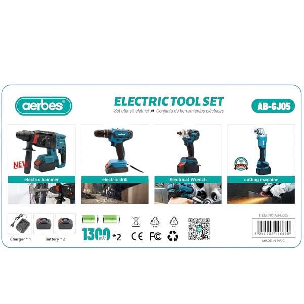 Aerbes AB-GJ05 Electric 4-in-1 Tool Set Hammer, Wrench, Grinder, And Impact Drill + 2 Rechargeabl...