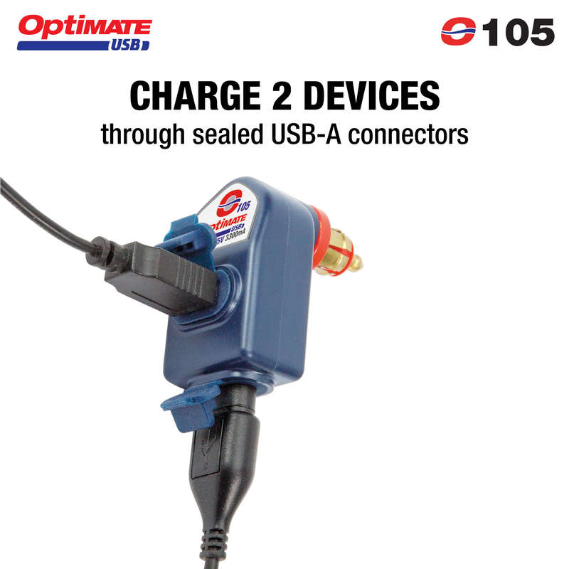 Optimate 2 X WEATHERPROOF USB OUTPUTS = TOTAL 3300MA 5V. INPUT 12.3 - 16V 90 DEGREE FITTING