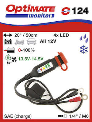Optimate 4-LED BATT CHARGE V STATUS, 2 VEHICLE CHARGE SYSTEM STATUS.15A FUSE.M6 BATT CONN EYELETS...