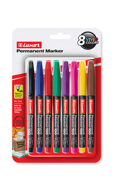 LUXOR 100 PERM MARKER BULLET F ASSTD CARDED 8'S