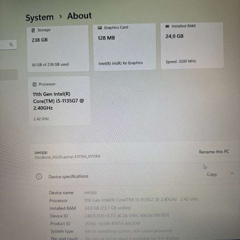 Asus VivoBook X515EA 11th Gen i5 | 24GB Ram | 256GB SSD | Grey