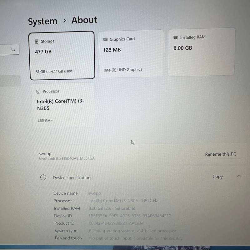 Asus VivoBook Go 15 E1504GA | Inte Core i3 | 8GB Ram | 512GB SSD | Black