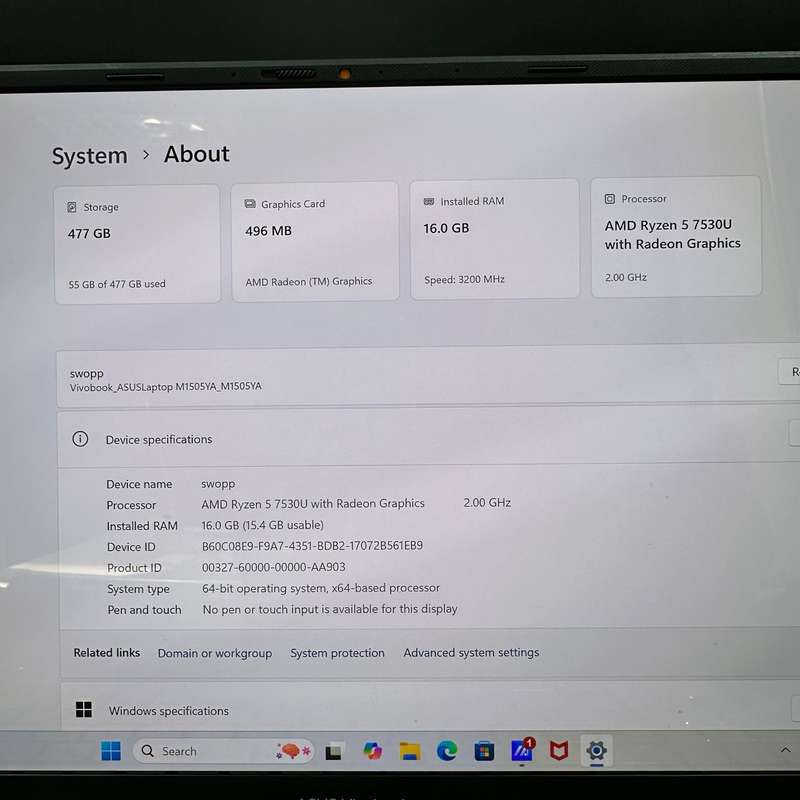 Asus VivoBook M1505YA | AMD Ryzen 5 | 16GB Ram | 512GB SSD | Silver