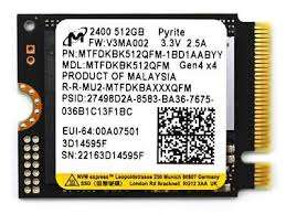 512GB Micron, M.2-2230, NVMe, PCIe Gen 4X4, PCI Express 4.0 (3.74 DWPD), (Read Speed: 4,200 MB/s) In