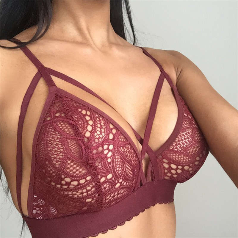 Women Sexy Cross Bandage Crop Tank Top Floral Sheer Lace Seamless Bralette Bustier