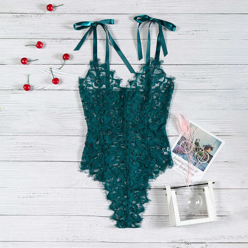 Floral Embroidery Bodysuit Semi Sheer Lace Trimmed Teddy