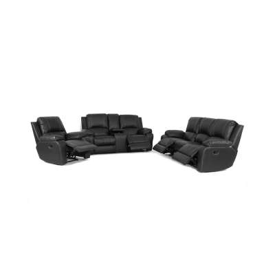 Lyla 3 action with console recliner lounge suite- leather upper- black