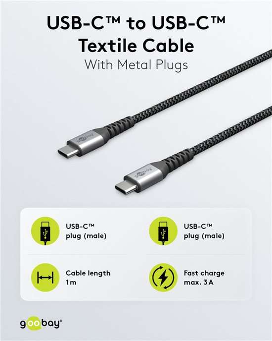 Goobay USB-C to USB-C Textile 2m Cable with Metal Plugs - Space Grey/Silver