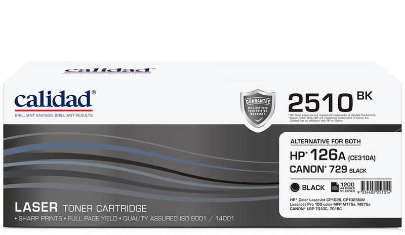 Calidad 2510-BK Black Toner alternative for HP 126A Black (CE310A); CANON CART 329BK, CART 729BK