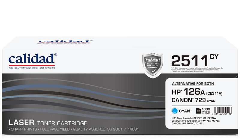 Calidad 2511-CY Cyan Toner alternative for HP 126A Cyan (CE311A); CANON CART 329C, CART 729C