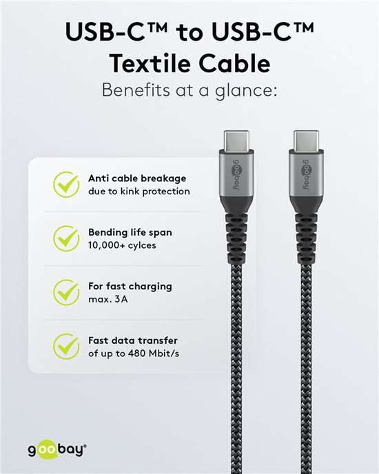 Goobay USB-C to USB-C Textile 2m Cable with Metal Plugs - Space Grey/Silver