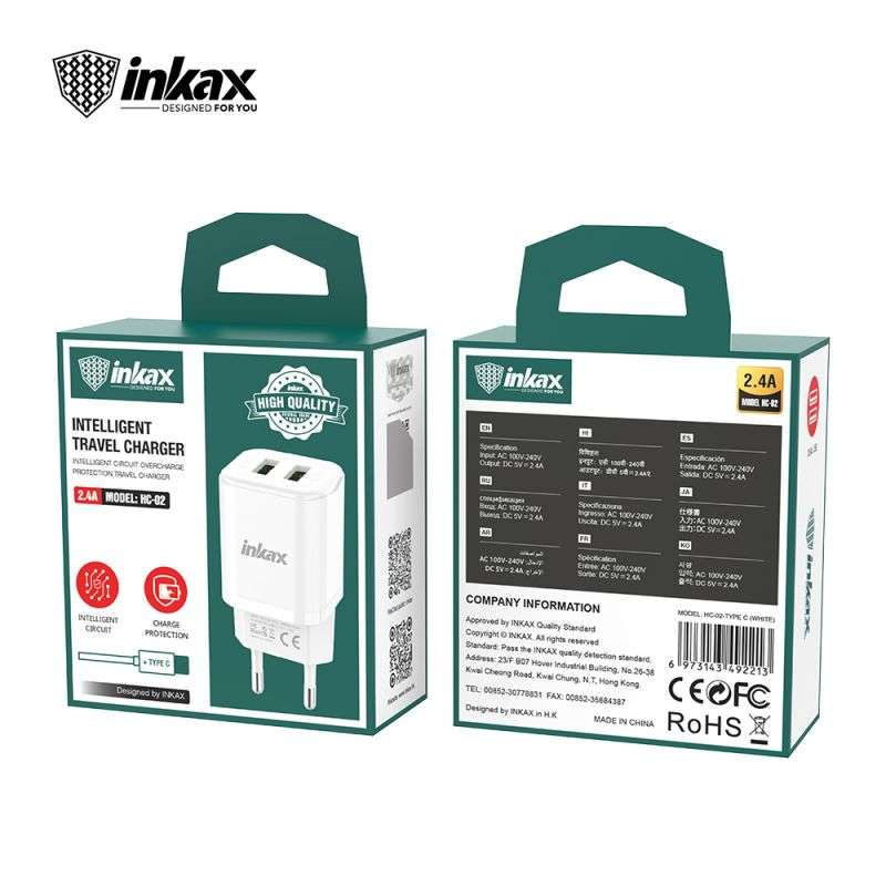 Inkax HC-02 5V2.4A 2USB Charger - Type-C