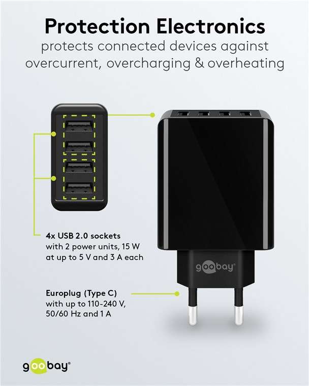 Goobay 30W 4-Port USB Charger - Black