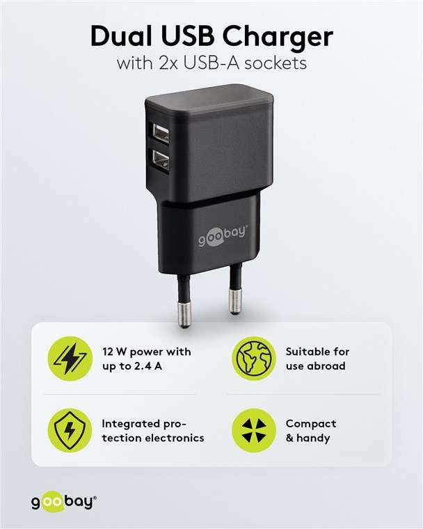 Goobay 12W Dual USB Charger - Black