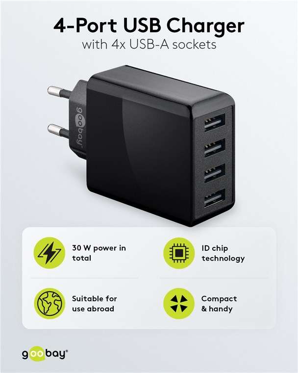 Goobay 30W 4-Port USB Charger - Black