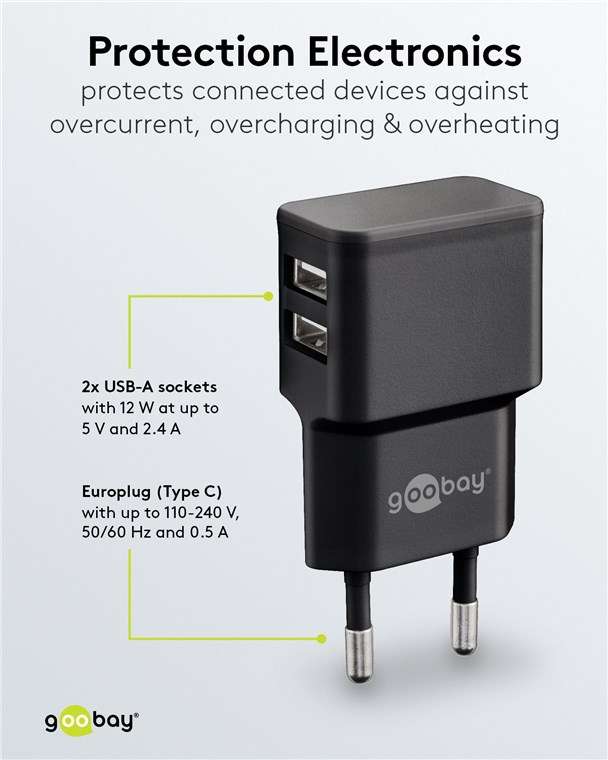 Goobay 12W Dual USB Charger - Black