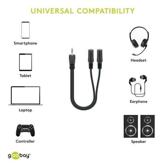 Goobay 3.5 mm Audio Y Cable Adapter, 1x Male to 2x Female Stereo