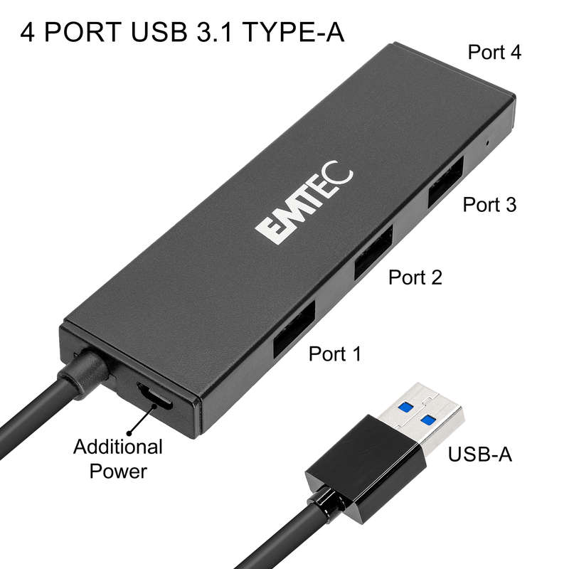 EMTEC 4-Port USB Hub with Integrated USB-A Cable | T620A