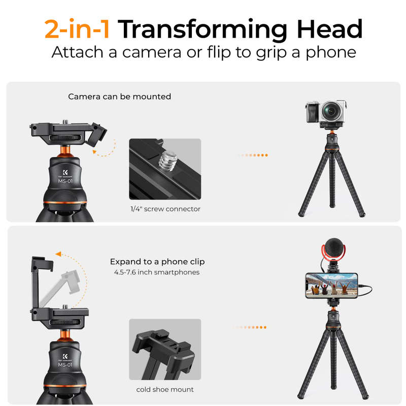 K&F Flexible Mini Tripod with Bendable Legs and Bluetooth Remote | KF09.129
