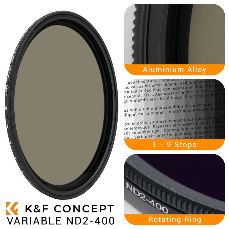 K&F 49mm Variable ND Filter; ND2-ND400 from 1 to 8 F-Stops | KF01.1398
