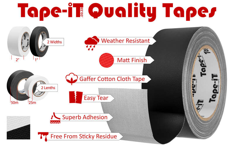 Tape-iT 12 Pack of Black Gaffer Tape Rolls 48mm x 50m | Ti4850BG12