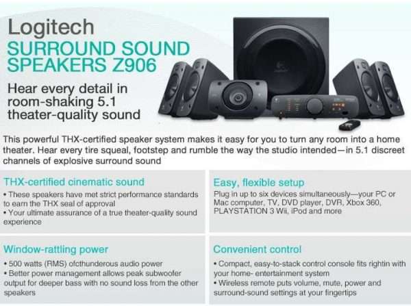 Logitech Z906 5.1 Surround Sound Speaker System - 1000 Watts peak/500 Watts RMS with wall mountings