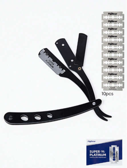 Foldable Hair Blade Barber Straight Razor & 10 Blades