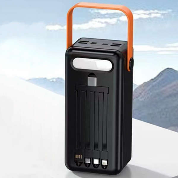50000mAh Fast Charging Portable LED Solar Power Bank With Built-in 4 Cables - Black