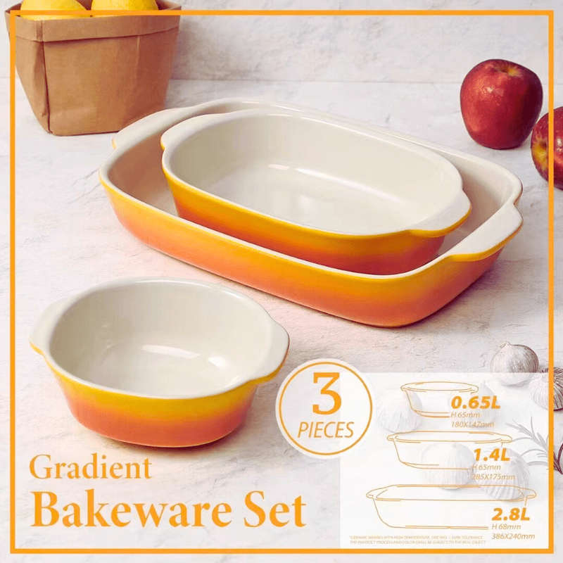 3-Piece Modern Ceramic Rectangular Bakeware Set - 0.5L, 1.4L, 2.8L