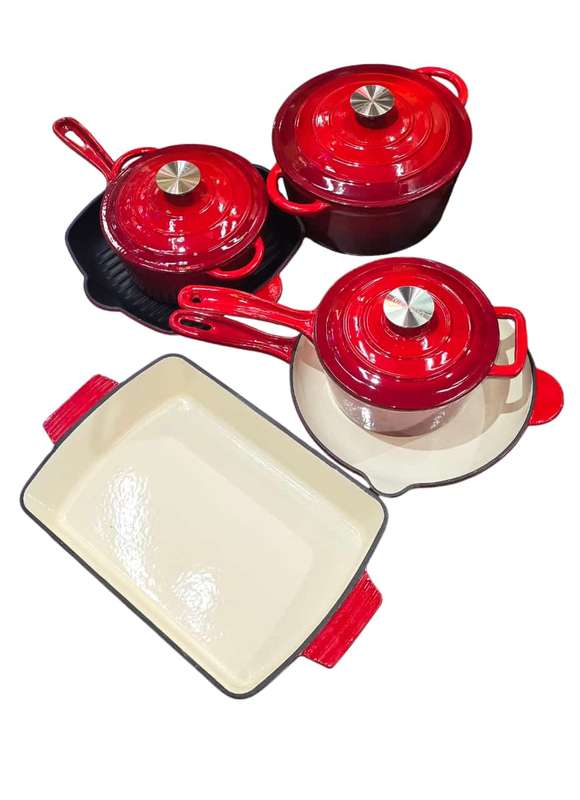 Premium 9-Piece Red Cast Iron Cookware Set - Non-Stick, Enamel Coated, and Oven Safe