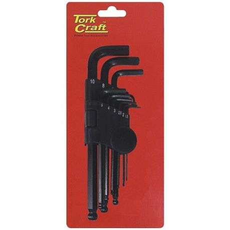 Tork Craft Hex Key Set 9 Piece Ball Point 1.5-10mm Carded Cr-V